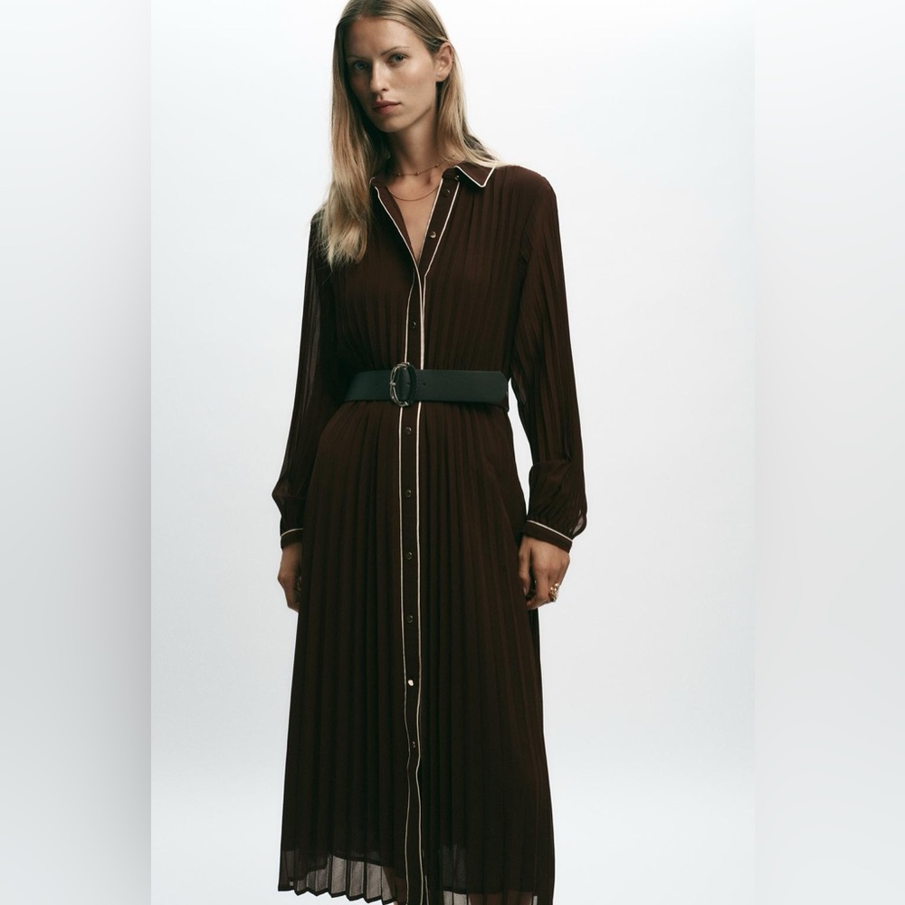 ZARA Brown Pleated midi dress with belt, NWT
